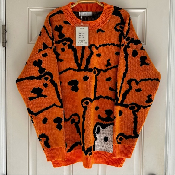 Vintage Sweaters - Shengu Polar Bear Crewneck Sweater Orange Back White Kawaii Oversized Knit Funky